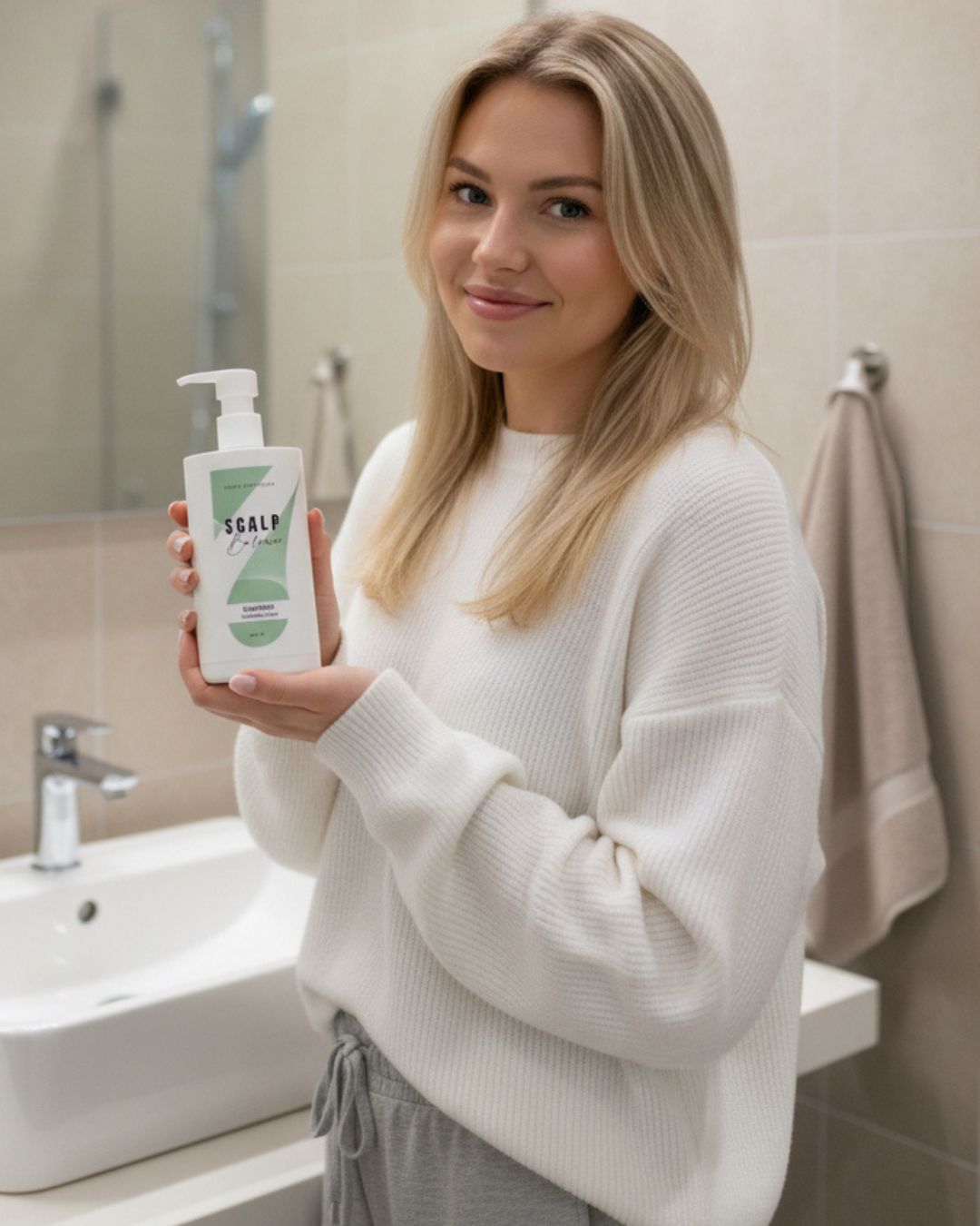 Woman holding a bottle of Patea product in a bathroom setting