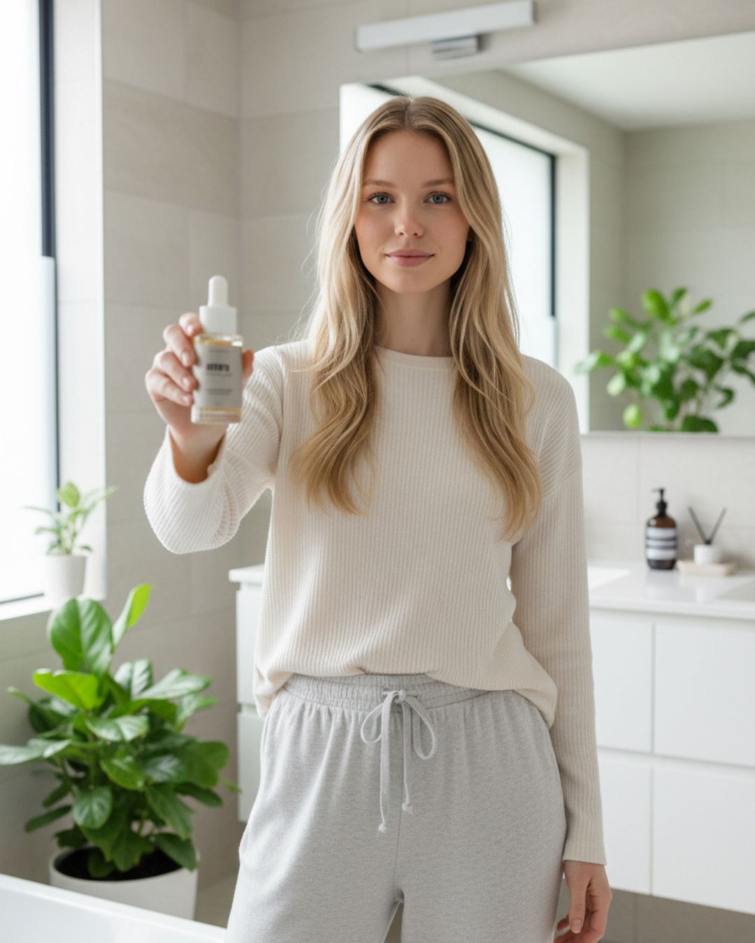 Woman holding a bottle of haircare product in a modern bathroom.