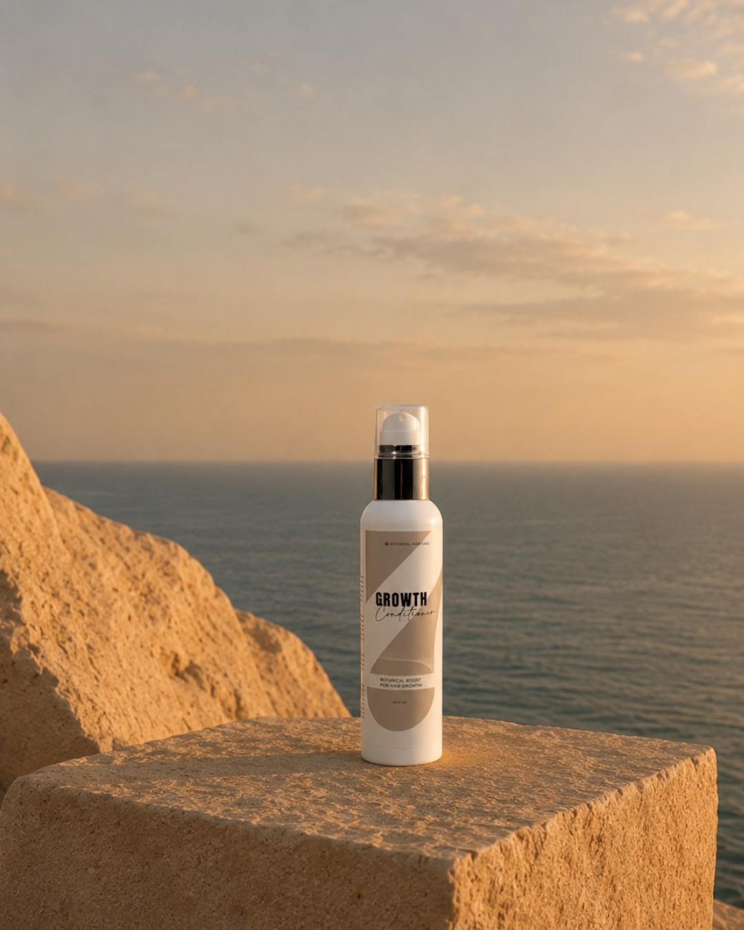Bottle labeled Patea Botanica  'Growth' Conditioner on a stone ledge with ocean and sunset in the background
