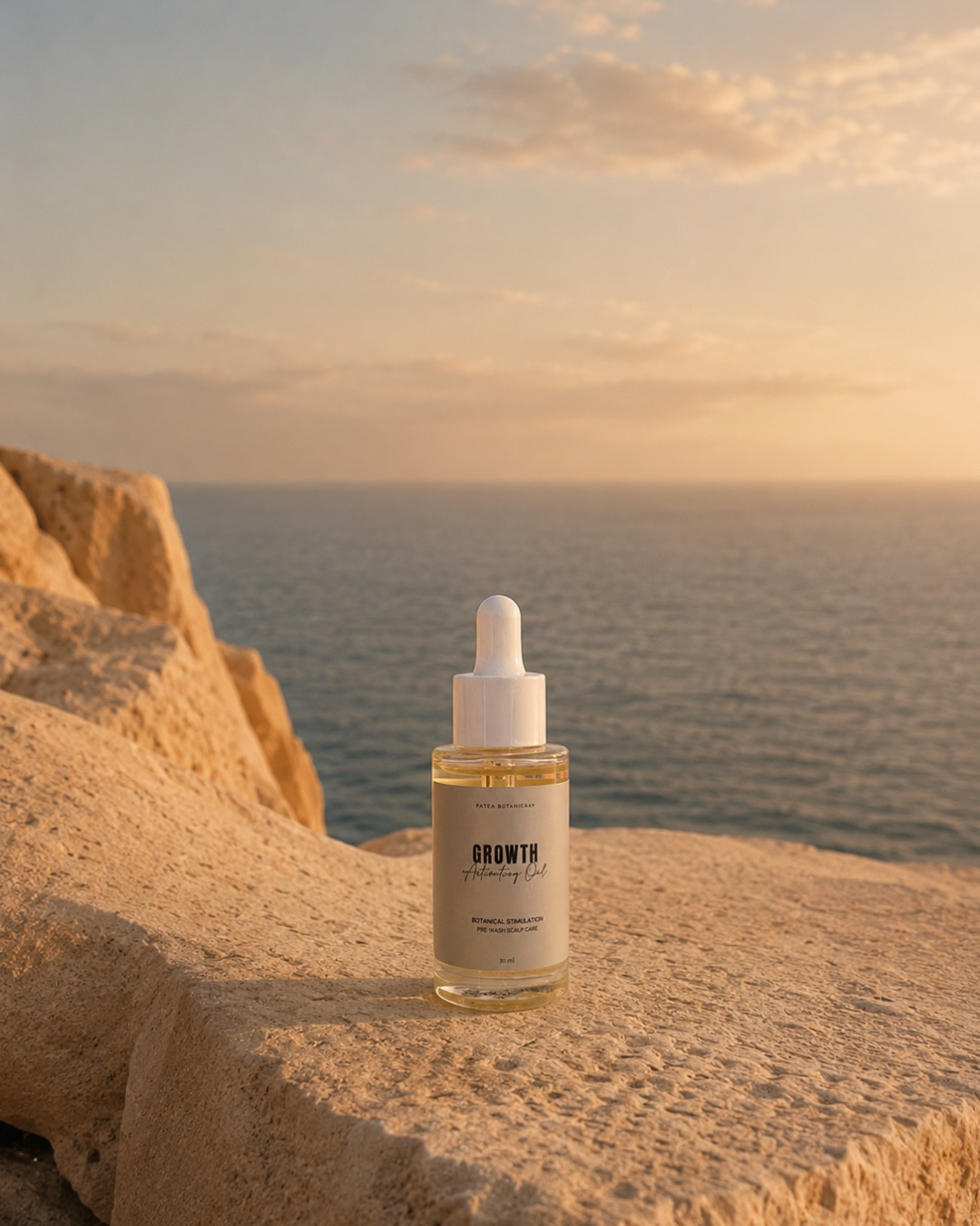 Patea Hair Care Oil bottle labeled 'Growth' on a rocky cliff with ocean and sunset in the background