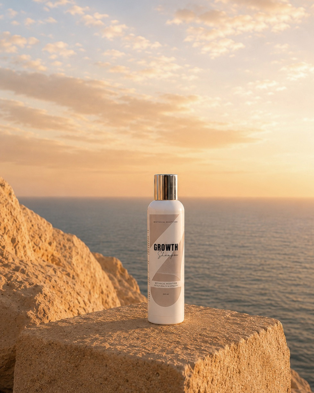 Bottle labeled Patea  'GROWTH' Shampoo on a rocky cliff with ocean and sunset in the background