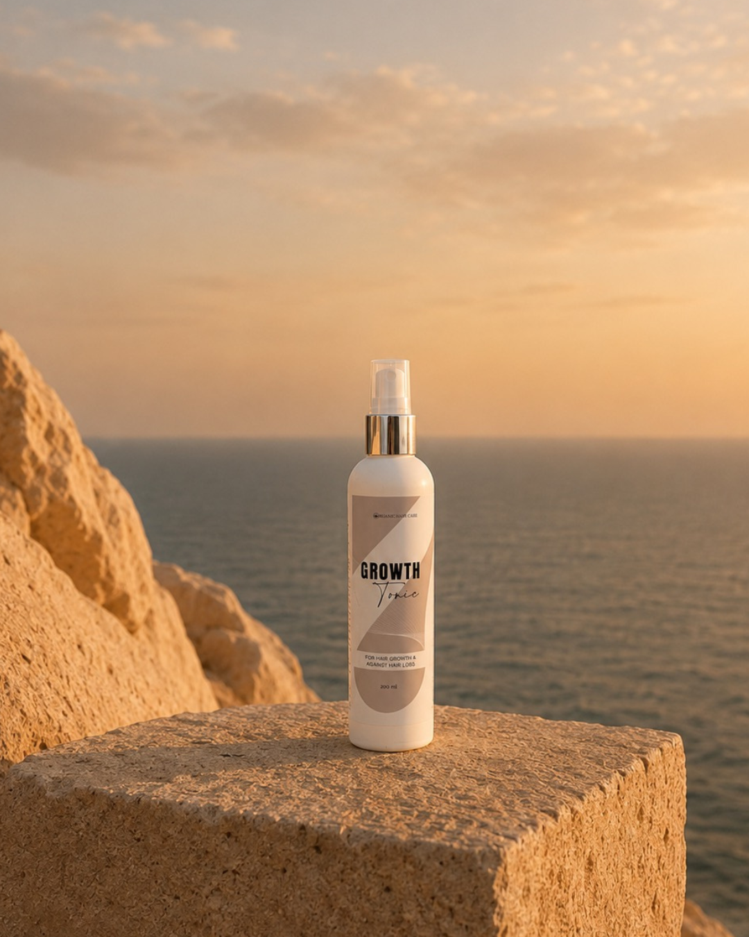 Bottle labeled 'Growth' Tonic on a rock with ocean and sunset in the background