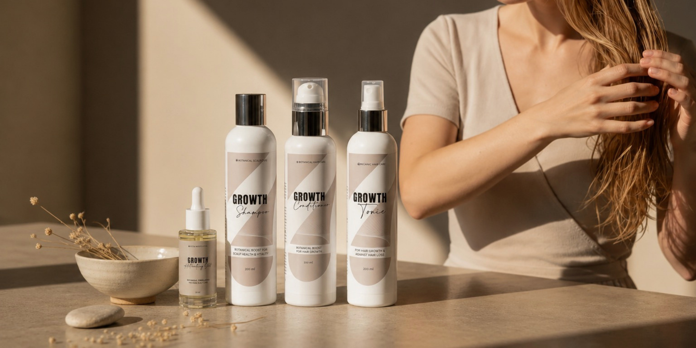 Patéa Botanica Hair care products Growth with a person styling their hair in the background