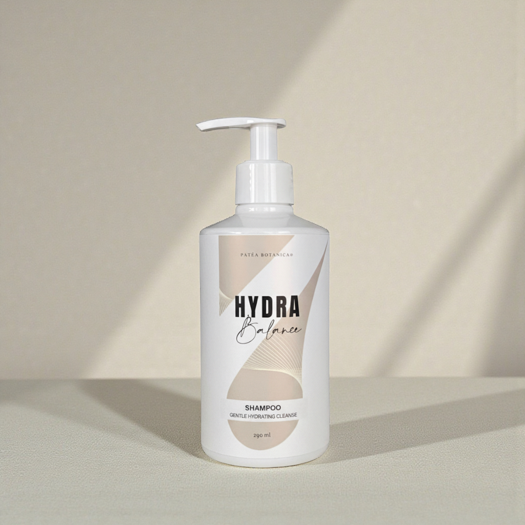 Shampoo bottle labeled Patea Botanica 'Hydra Balance' on a neutral background