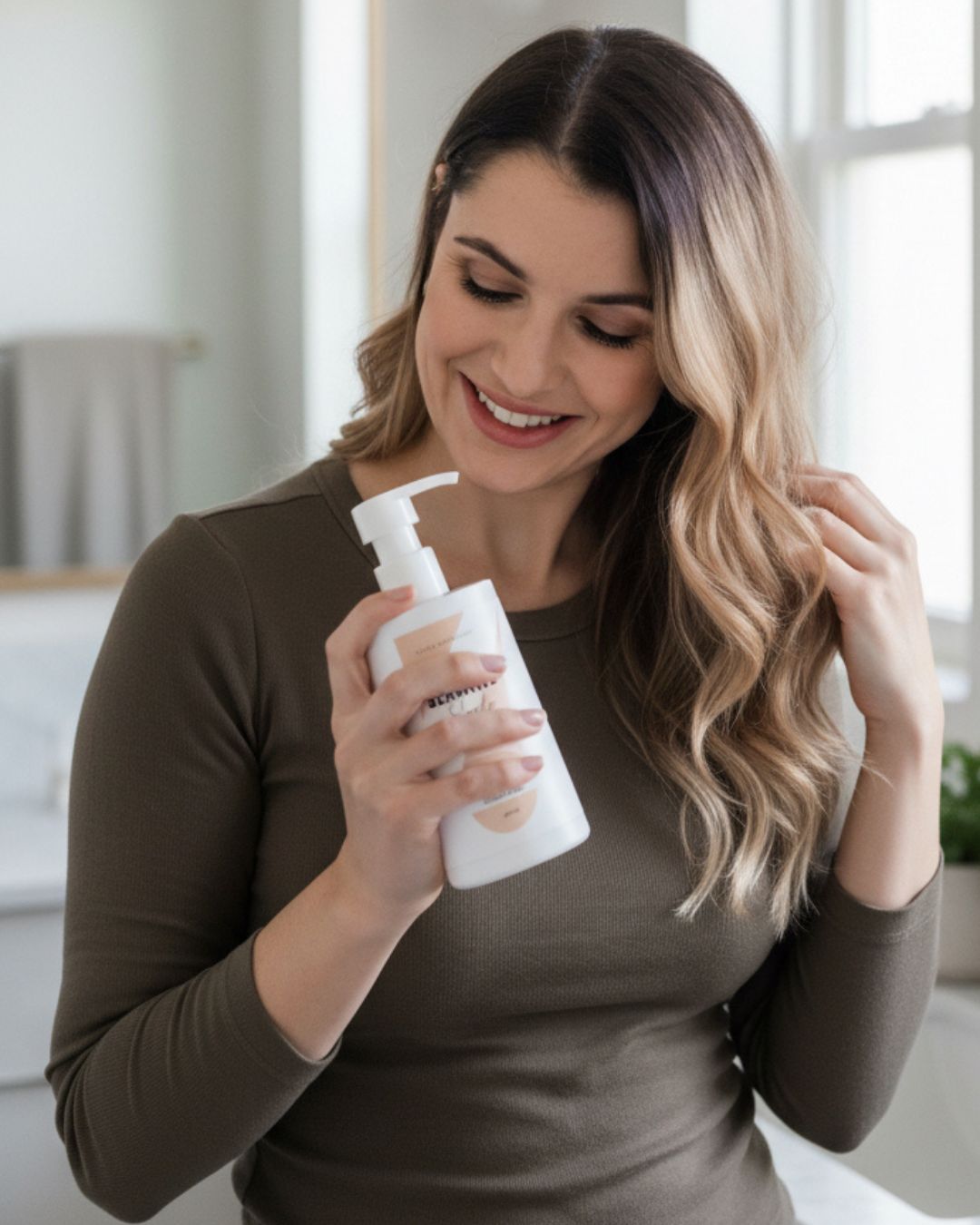 Woman holding a white Sensitive Shampoo bottle with a blurred background