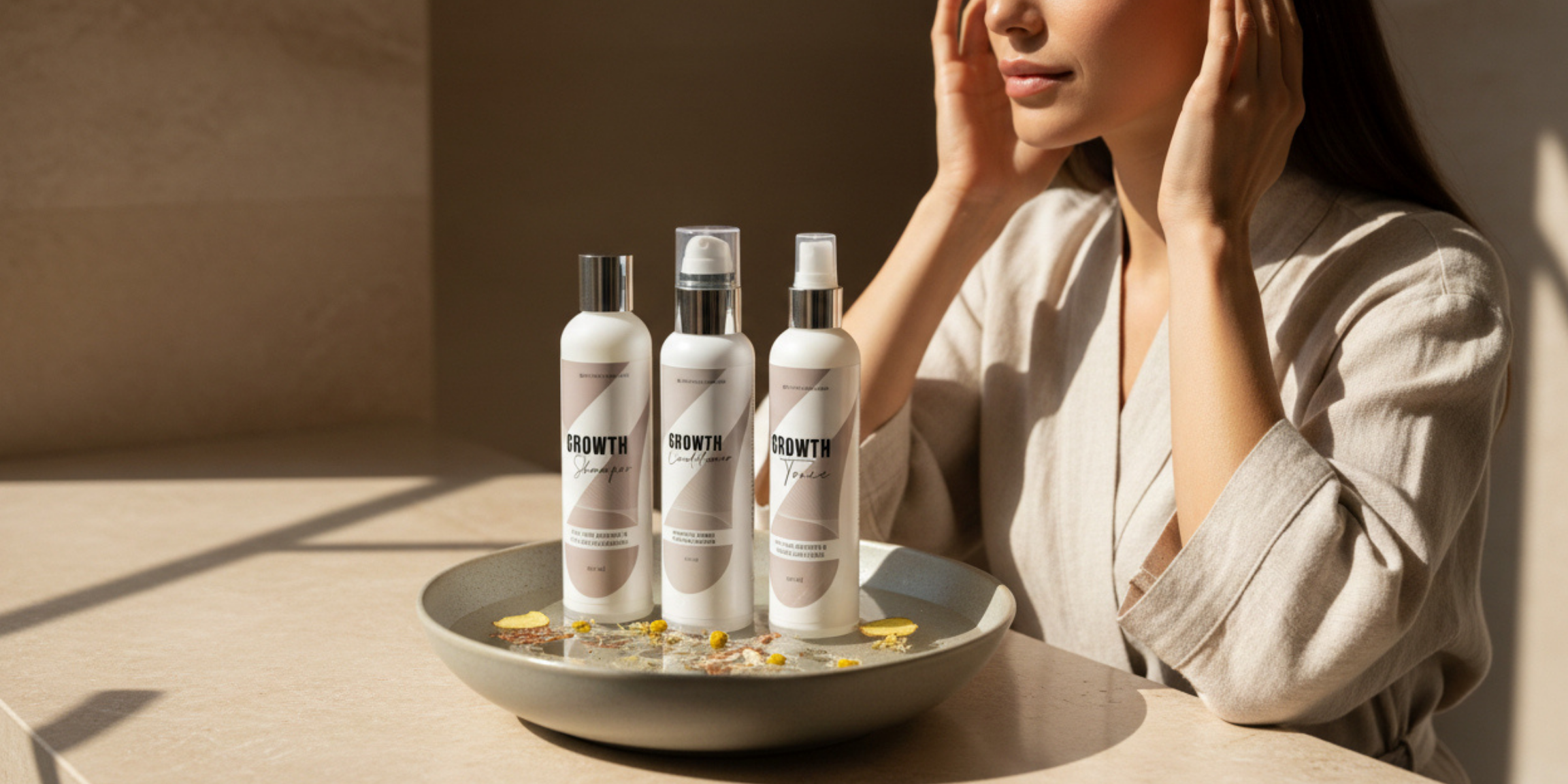 Person holding their head with bottles labeled 'Growth' on a tray in front of them.