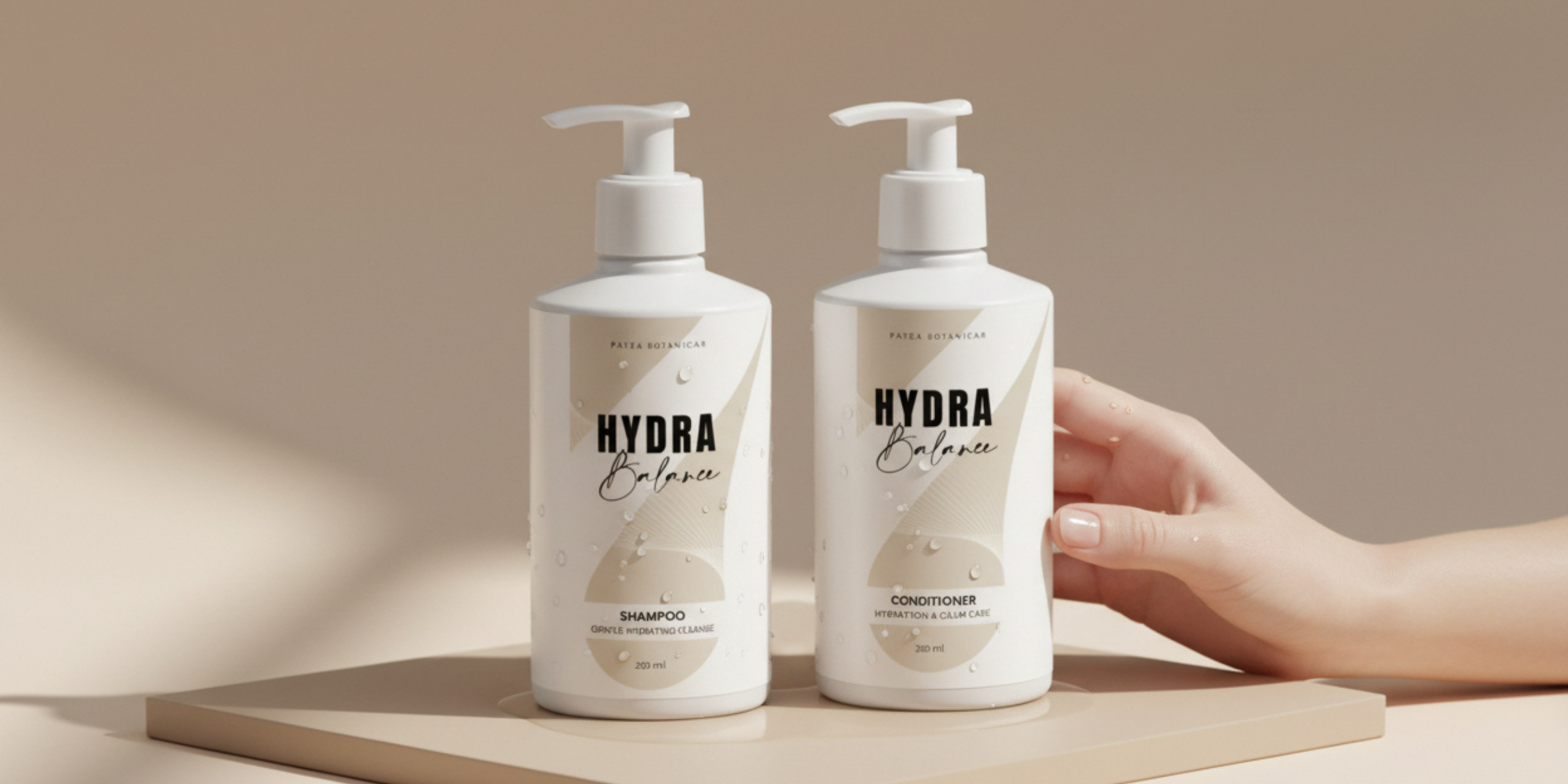 Two bottles of Patea Botanica Hydra Balance shampoo and conditioner with a hand holding one bottle on a beige background.