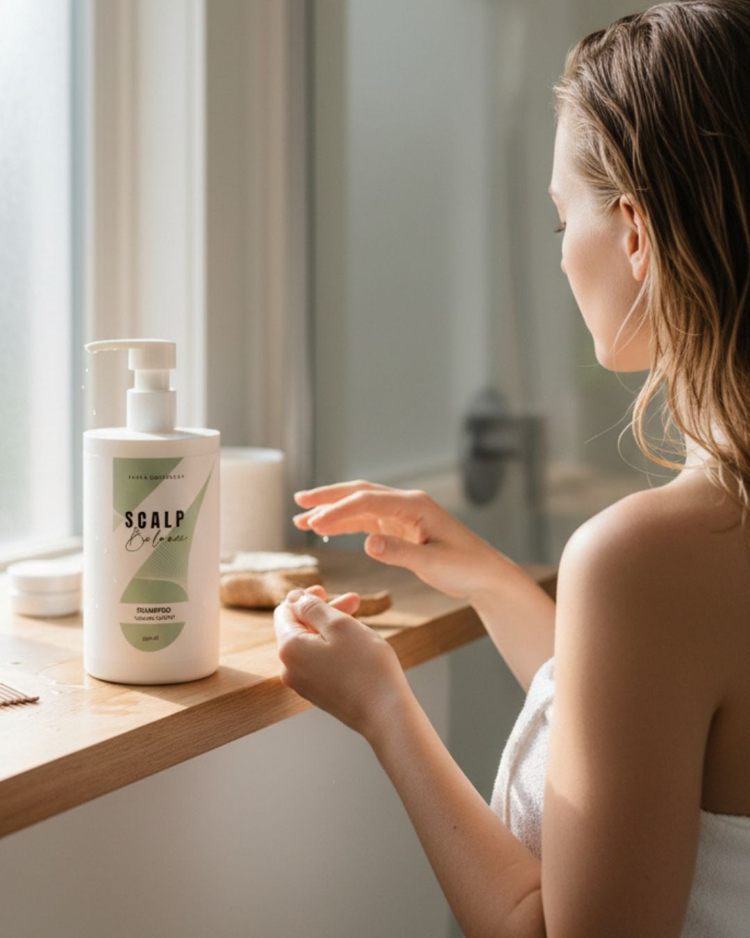 Woman applying Patea scalp care product in a bathroom setting