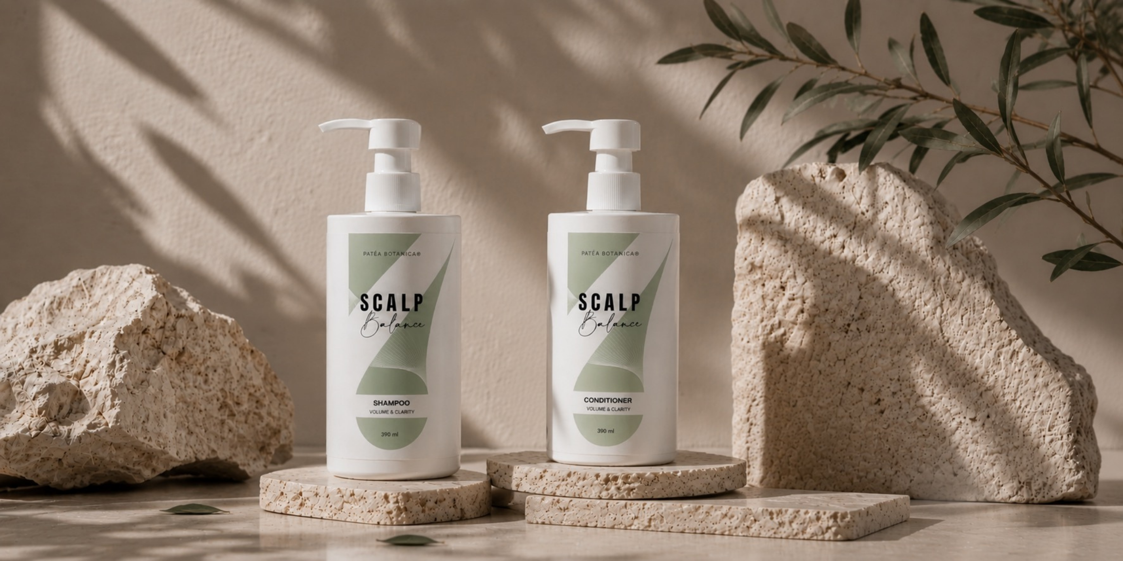Two bottles of Patea Botanica 'Scalp Balance' product on stone stands with a natural background