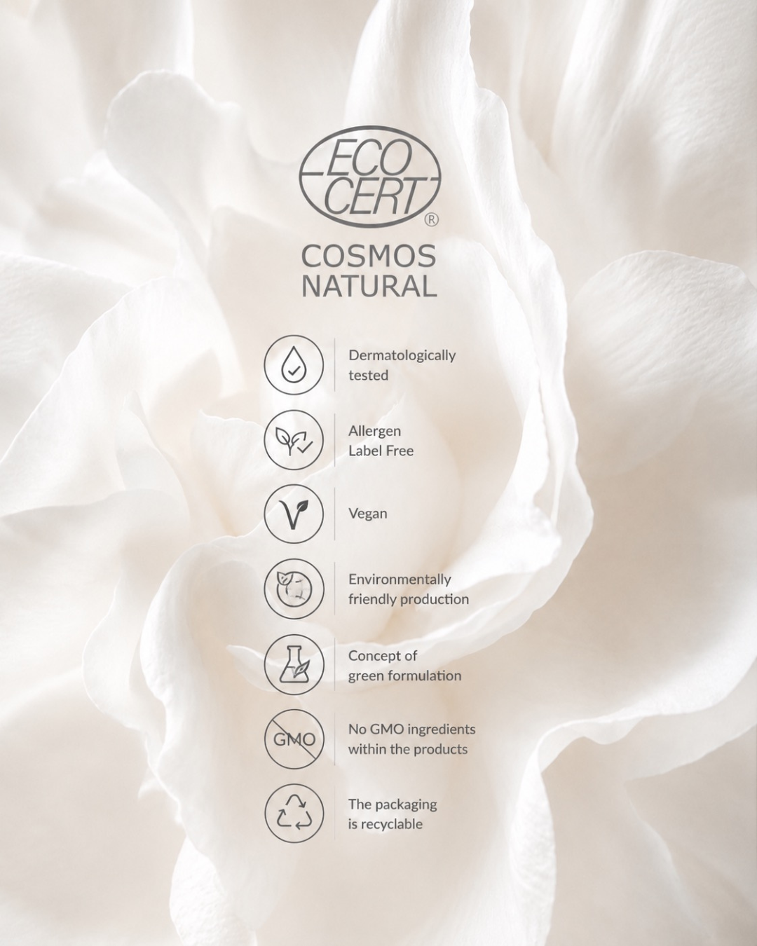 Patéa Botanica Eco-Cert Cosmos Natural certification logo on a soft, white fabric background