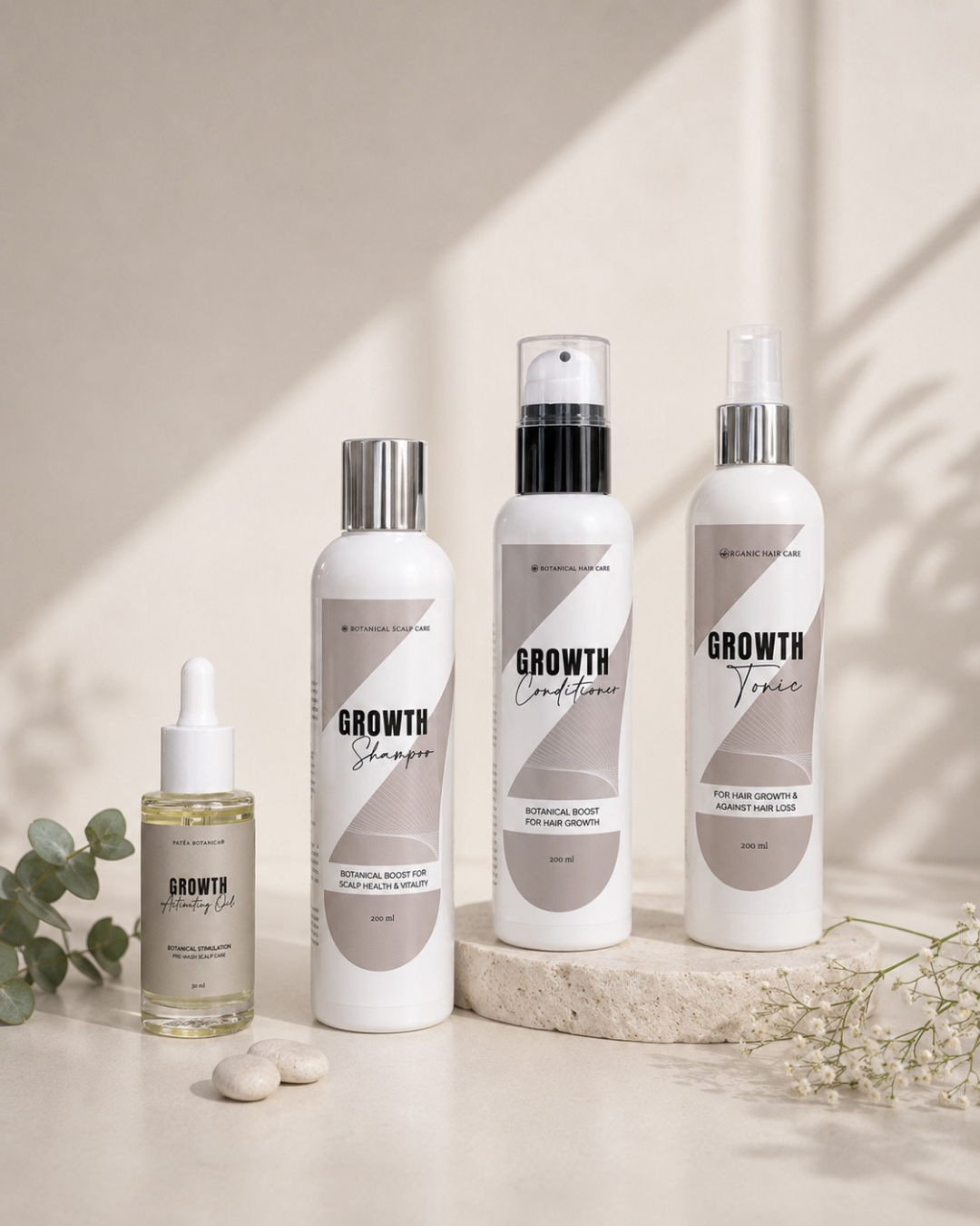 The Aotea Roots Ritual Set: the Growth pre-wash oil bottle, the shampoo and conditioner bottles and the tonic bottle arranged in a row on a pale surface.