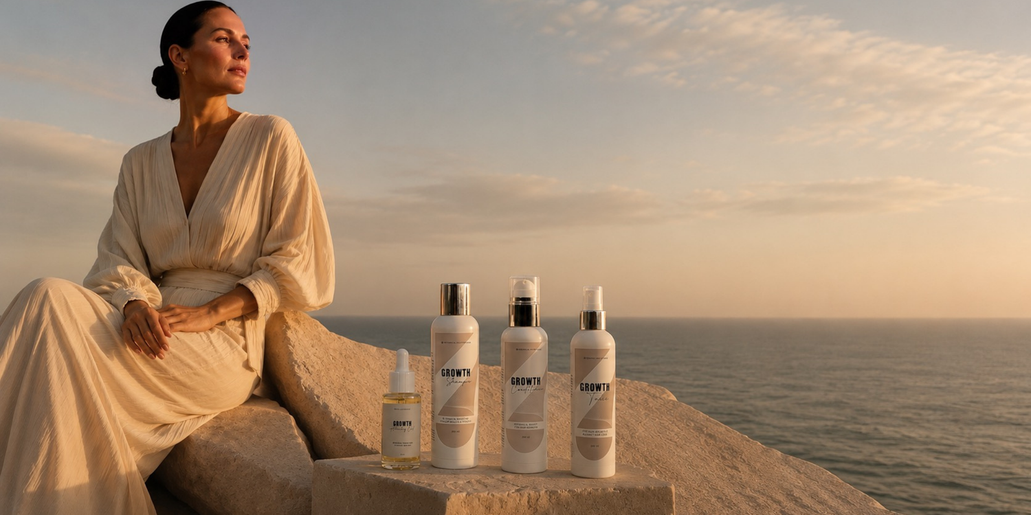 Woman in a flowing white dress sitting on a rock by the ocean with Patea Botanica haircare products displayed.