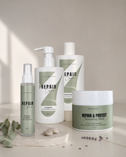 The Woven Strength Ritual Set: the Repair Care shampoo and conditioner, the Repair and Protect mask and the Repair Mist arranged in a row.