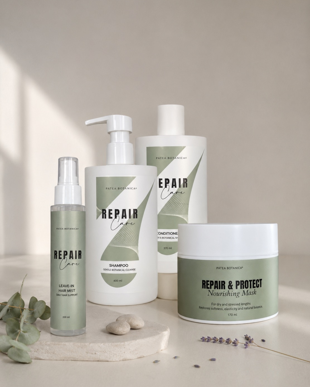 The Woven Strength Ritual Set: the Repair Care shampoo and conditioner, the Repair and Protect mask and the Repair Mist arranged in a row.